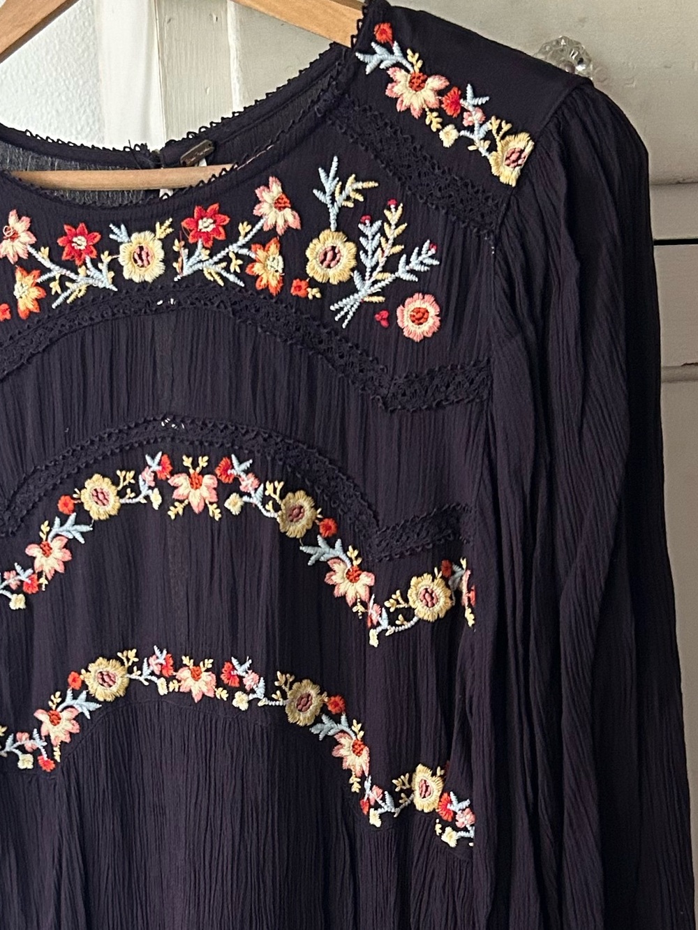 Free People | Women’s Black Floral Embroidered Long Sleeve Boho Pasadena Dress M - Picture 7 of 16
